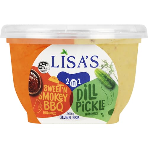 Lisa's 2 In 1 Sweet N Smokey BBQ & Dill Pickle Hummus 200g