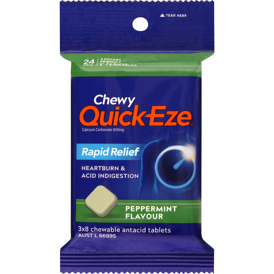 Quick Eze Chewy Peppermint Flavour Antacid Tablets 3 x 8pk 120g