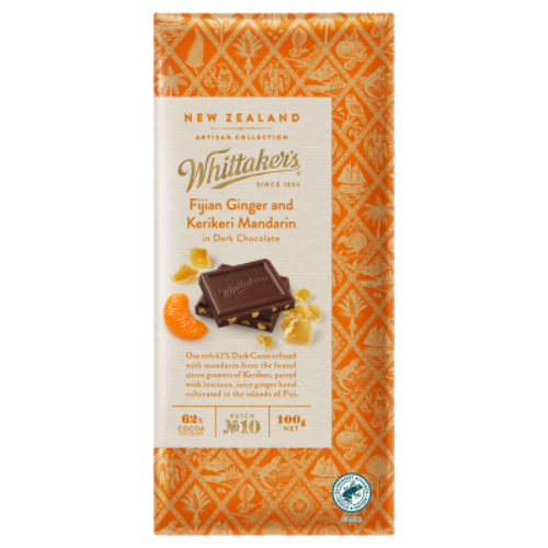 Whittakers Fijian Ginger & Kerikeri Mandarin Chocolate Block 100g