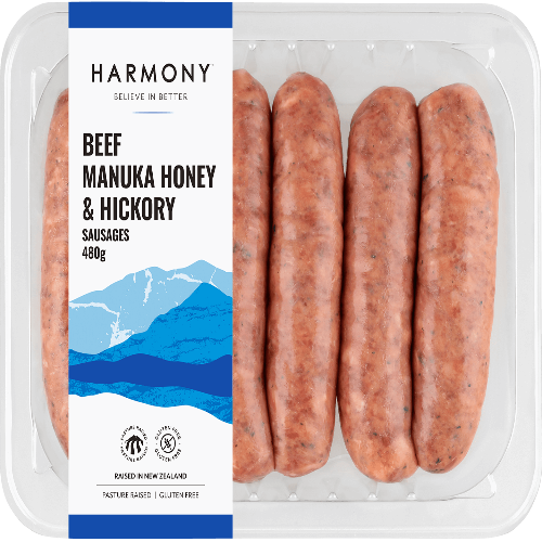Harmony Beef, Manuka Honey & Hickory Sausages 6pk