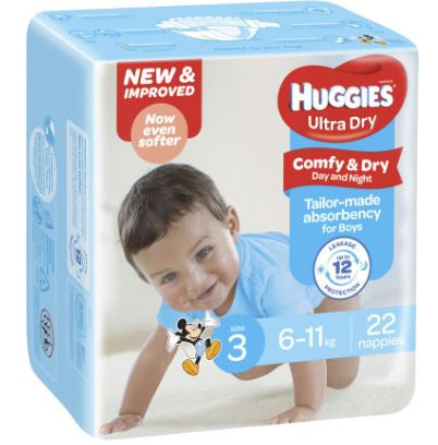Huggies Ultra Dry Crawler Boy Size 3 Nappies 22pk