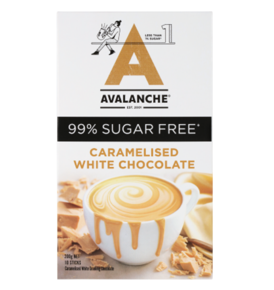 Avalanche Cafe Style Sachets 99% Sugar Free Caramelised White Chocolate 200g - DISCONTINUED