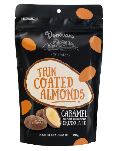 Donovans Caramel Dusted Milk Chocolate Thin Coated  Almonds 150g