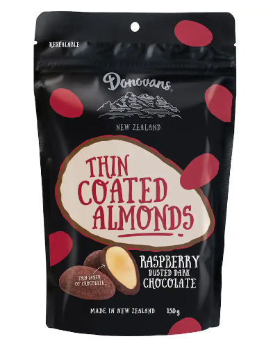 Donovans Raspberry Dusted Dark Chocolate Thin Coated  Almonds 150g