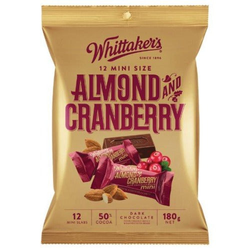 Whittakers Mini Size Almond & Cranberry Dark Chocolate Bars 12pk 180g